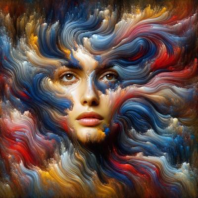 The primary subject of the image is a woman's face, which is the main focus of the image. The setting is a colorful, abstract background that adds to the overall visual style. The colors and mood of the image are vibrant and lively, with a mix of red, blue, and yellow hues. The woman's face is surrounded by a swirling, artistic pattern that complements the overall composition of the image.